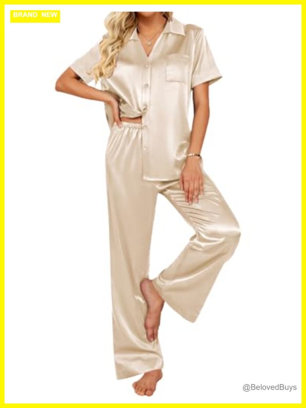 Silk Pajama Set 2 Piece Short Sleeve Button Down Wide Leg Pants Pockets